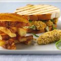 Noughties posh fish finger sandwich with Jenga chips