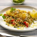 Baked lemon cod with quinoa tabbouleh
