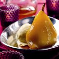 Saffron poached pear with ginger ice cream