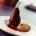 Poached pears with red wine & ginger sauce