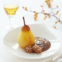 Saffron poached pears with chocolate sauce