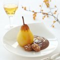 Saffron poached pears with chocolate sauce