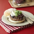 Home-made beef burgers with relish & camembert