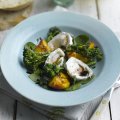 Summer salad of grilled Tenderstem, peaches & goat's cheese