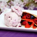 Pancakes with fruit coulis & blackcurrant ice cream