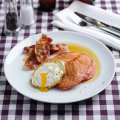 Beetroot pancakes with eggs & smoked bacon