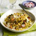 Spaghetti with crab, lemon, chilli, parsley & radish shavings