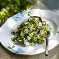 Broad bean & lemon-dressed aubergine with pine nuts