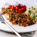 Oat topped mackerel with roast tomatoes