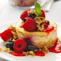 Low-fat vanilla & raspberry cheesecakes