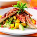 Seared Tandoori sea bass with mango & chilli salad