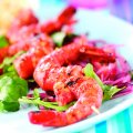 Tandoori king prawns with tender greens & beetroot