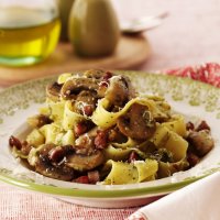 Aldo Zilli's pappardelle with pancetta, pesto & mushrooms