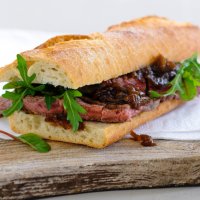 Steak baguette with caramelised red onion relish