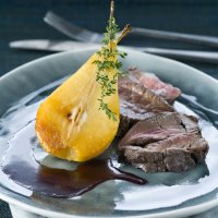Roast haunch of venison with thyme roast pears & banyuls