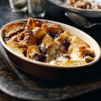 Butter croissant pudding with mint chocolate custard