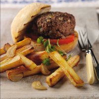 Oven roasted garlic chips with gourmet burger