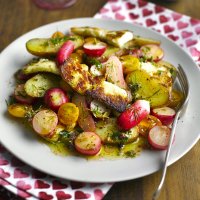 A warm radish, halloumi, potato & tomato salad