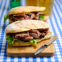 Warm Steak & beetroot sandwich with honey & mustard dressing