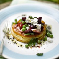 Pea, beetroot, roasted red pepper & goat's cheese open tart