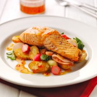 Roast salmon with charlotte potatoes, sweet chilli & pickled cucumber