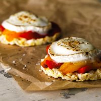 Grilled goat's cheese & roasted peppers on corn cakes