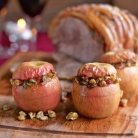 Savoury baked Pink Lady apples with Sunday roast pork shoulder