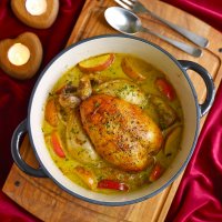 Pot-roast chicken with cider & Pink Lady apples
