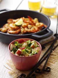 Garlic & chilli prawns with apple, avocado & lime salsa