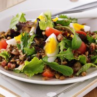 Warm pancetta, egg & lentil salad