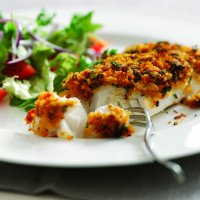 Roasted red pepper pesto topped cod