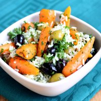 Roasted chantenay carrot, coriander, olive & rice salad