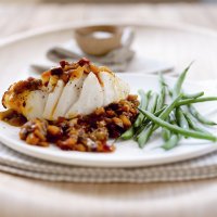 Grilled halibut with sun-dried tomato & aubergine salsa