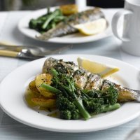Whole baked sea bass with Tenderstem broccoli