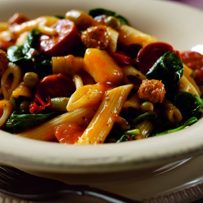 Italian wedding penne pasta with spinach & chorizo