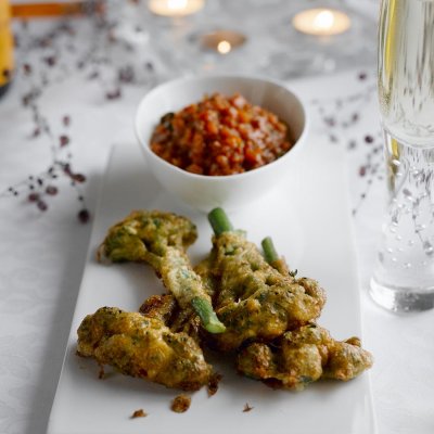 Parmesan battered Tenderstem broccoli with salsa rossa