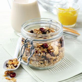 Homemade granola with mango compote