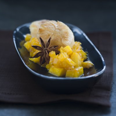 Seared scallops, pepper, pineapple & star anise