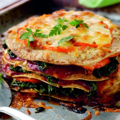 Spinach, Cheddar & tomato pancake lasagne