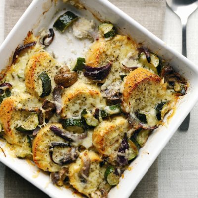 Eggy bread & roasted vegetable cobbler
