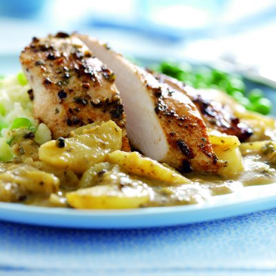 Baked chicken with Bramley apples & orange glaze