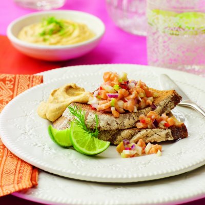 Zingy salmon ceviche with spiced creme fraiche and sourdough toasts