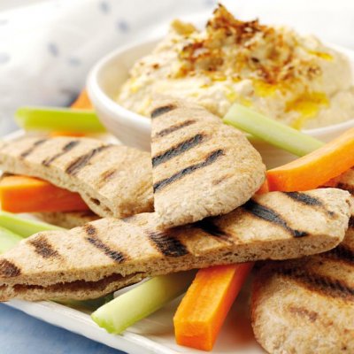 Griddled wholemeal pitta with homemade hummus