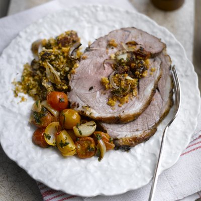 Roasted leg of lamb with a shallot & chorizo stuffing