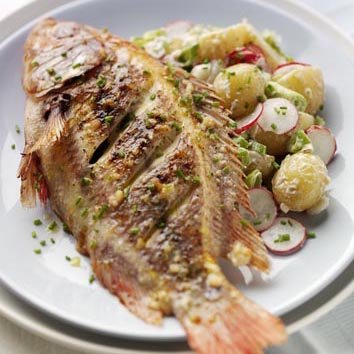 Grilled tilapia with horseradish potato salad