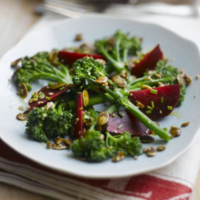 Tenderstem, beetroot & toasted seed salad with lemon dressing