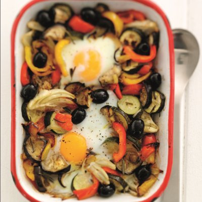Baked eggs with roasted Mediterranean vegetables