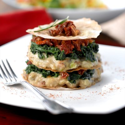 Roasted celeriac, blue cheese and apple stack