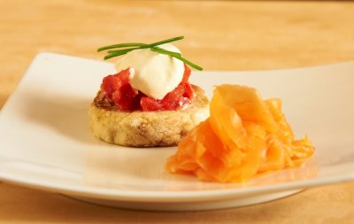 Angi's smoked salmon with potato cakes soured cream & chives
