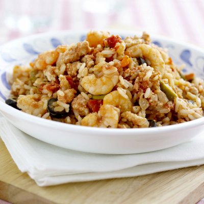 Turkey & prawns braised with rice oregano & Cheddar cheese